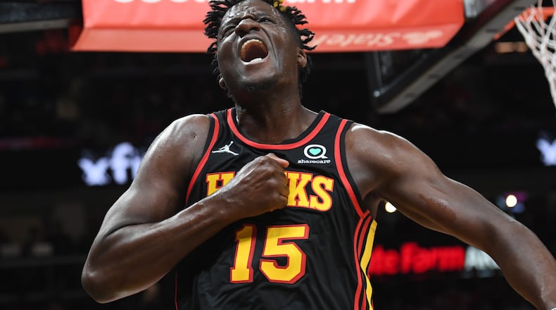 Hawks center Clint Capela reacts after dunking the ball against the Hornets on Wednesday night. Capela and his teammates will try to earn the No. 8 seed in the Eastern Conference playoffs with a win Friday at Cleveland. (Hyosub Shin / Hyosub.Shin@ajc.com)