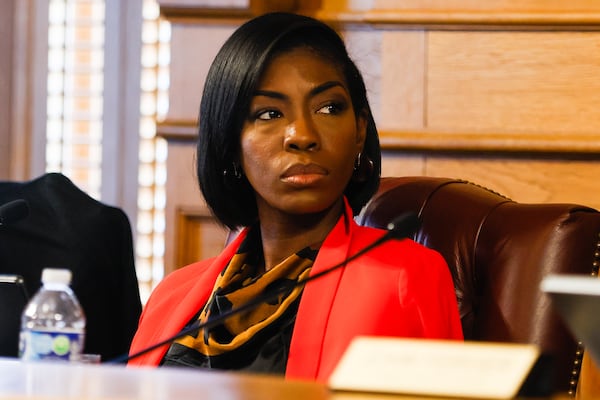 Board member Janelle King listens during a session as the State Election Board considers investigations of election fraud and misbehavior in Atlanta on Tuesday, July 29, 2025. (Abbey Cutrer/AJC)