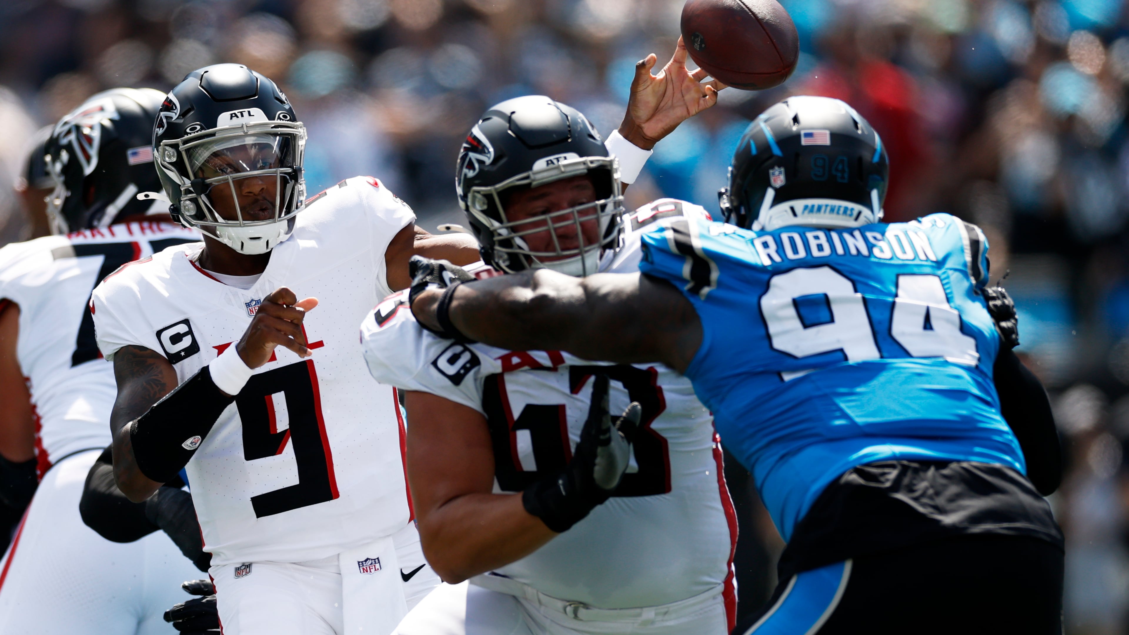 Quarterback Michael Penix Jr. and the Falcons offense struggled in a 30-0 loss to the Panthers, marking the first time since 2021 that the Falcons were shut out. (Rusty Jones/AP)