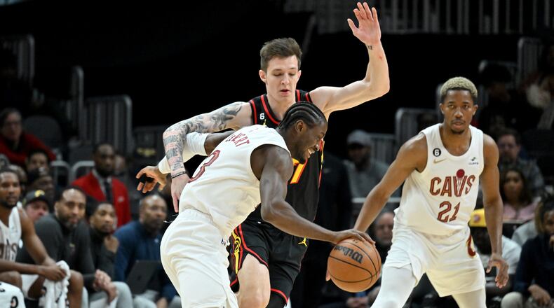Cleveland Cavaliers' guard Caris LeVert (3) drives against Atlanta Hawks' guard Vit Krejci (27) during the first half in an NBA basketball game at State Farm Arena, Tuesday, March 28, 2023, in Atlanta. (Hyosub Shin / Hyosub.Shin@ajc.com)
