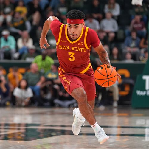 Iowa State guard Tamin Lipsey drives to the basket against Baylor during the first half of an NCAA college basketball game Wednesday, Jan. 7, 2026, in Waco, Texas. (AP Photo/Julio Cortez)