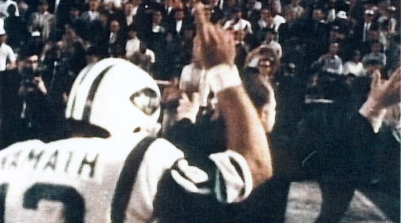 New York Jets Hall of Fame quarterback Joe Namath signals that the Jets are number one after a 16-7 win over the Baltimore Colts in Super Bowl III on January 12, 1969 at Orange Bowl. Natmath was voted the game's MVP after completing 17 of 28 passes for Super Bowl III - New York Jets vs Baltimore Colts - January 12, 1969 (AP Photo/NFL Photos)