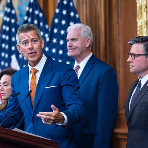 Transportation Secretary Sean Duffy speaks to reporters on day 23 of the government shutdown as he is joined by, from left, Rep. Lisa McClain, R-Mich., House Majority Whip Tom Emmer, R-Minn., and Speaker of the House Mike Johnson, R-La., at a news conference at the Capitol in Washington, Thursday, Oct. 23, 2025. (AP Photo/J. Scott Applewhite)