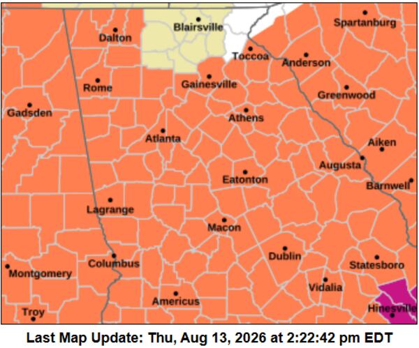 Much of Georgia will fall under a heat advisory Friday, Aug. 14, 2026, according to a National Weather Service map updated at midafternoon Thursday. (Courtesy of National Weather Service)