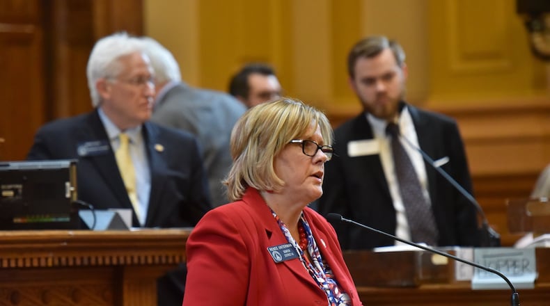 Sen. Renee Unterman speaks during debate of adopting the Rules of the Senate, HB 345, during the 38th day of legislation in the Senate Chambers at the Georgia State Capitol on Friday, March 29, 2019. HYOSUB SHIN / HSHIN@AJC.COM