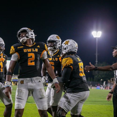 Kennesaw State QB Amari Odom celebrates with teammates after a touchdown, Sept. 20, 2025, against Arkansas State. (Dave Williamson/Kennesaw State Athletics)