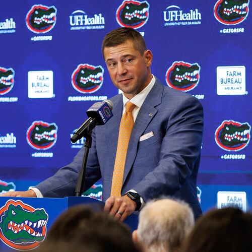 FILE - New Florida NCAA college football head coach Jon Sumrall speaks during a news conference, Dec. 1, 2025, in Gainesville, Fla. (AP Photo/Chris Watkins, File)