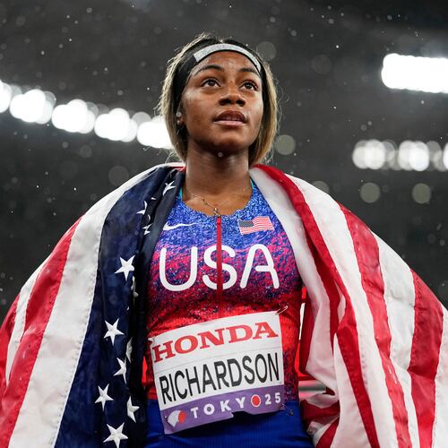 FILE - United States' Sha'Carri Richardson looks on after winning the gold medal in the women's 4 X 100 meters relay at the World Athletics Championships in Tokyo, Sept. 21, 2025. (AP Photo/Matthias Schrader, File)