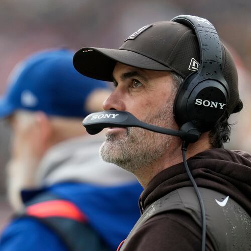 Cleveland Browns head coach Kevin Stefanski watches from the sideline during the first half of an NFL football game against the Pittsburgh Steelers, Sunday, Dec. 28, 2025, in Cleveland. (AP Photo/Sue Ogrocki)