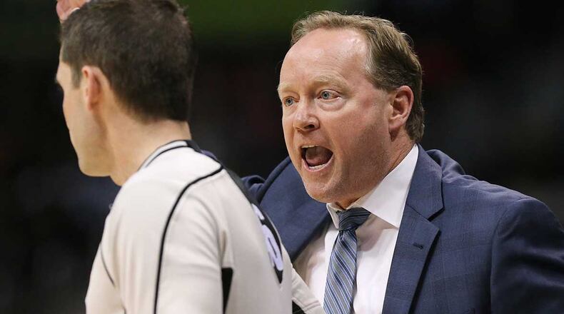 Hawks coach Mike Budenholzer argues a call during a January game against the Bucks at Philips Arena.