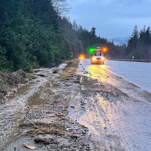 This photo provided by the Washington State Department of Transportation shows debris on Interstate 90 from a rainstorm Tuesday, Dec. 9, 2025. (Washington State Department of Transportation via AP)