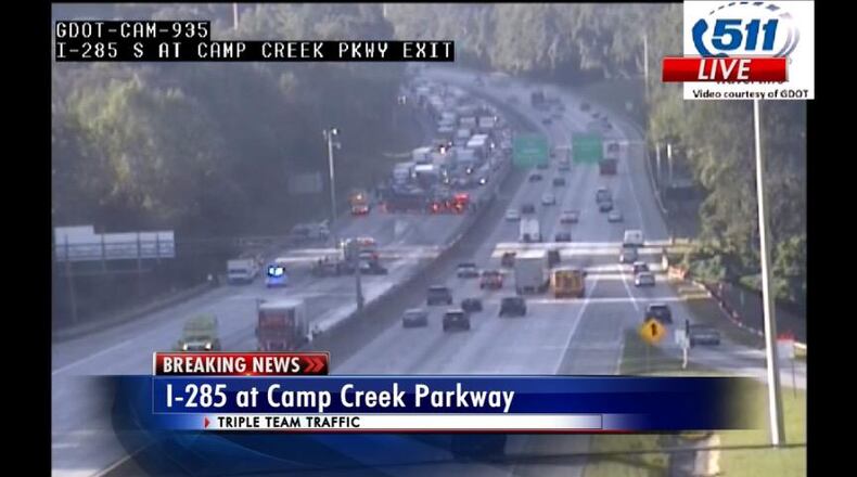 I-285 northbound near Camp Creek Parkway is shut down after a crash involving a tractor-trailer. (Credit: Channel 2 Action News)