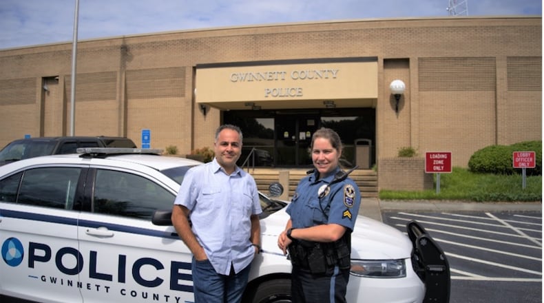 The first Police Mental Health Collaboration pilot program co-responder team consists of Cpl. T. Reed and Pej Mahdavi, LCSW from View Point Health. (Courtesy Gwinnett Police Department)