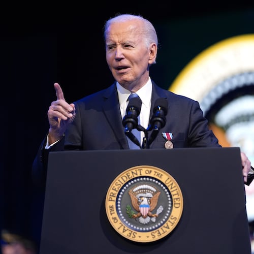 FILE - President Joe Biden speaks during a Department of Defense Commander in Chief farewell ceremony at Joint Base Myer-Henderson Hall, Jan. 16, 2025, in Arlington, Va. (AP Photo/Evan Vucci, File)