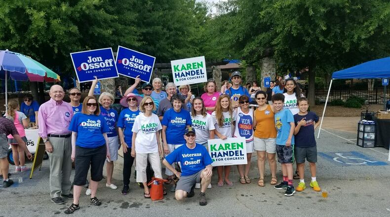 Supporters of Jon Ossoff and Karen Handel at a Dunwoody Food Truck event a week before the runoff. AJC/Greg Bluestein