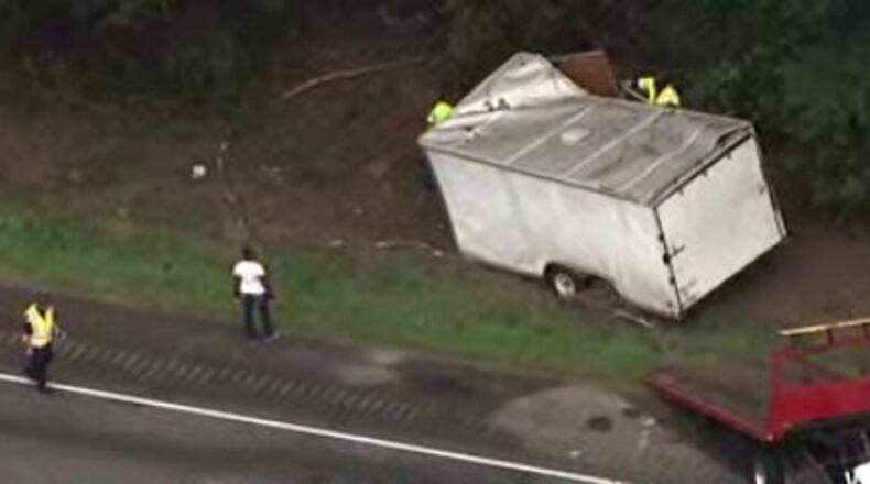 This was part of the crash scene Wednesday on I-85 southbound in Jackson County. Two people were killed in the crash, authorities said. (Credit: Channel 2 Action News)