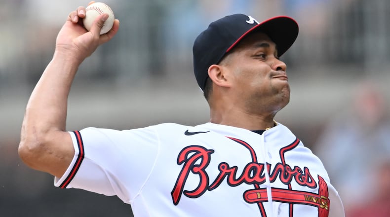 Atlanta Braves' relief pitcher Yonny Chirinos (56) throws a pitch against the Los Angeles Angels during the first inning at Truist Park, Wednesday, Aug. 2, 2023, in Atlanta. (Hyosub Shin / Hyosub.Shin@ajc.com)