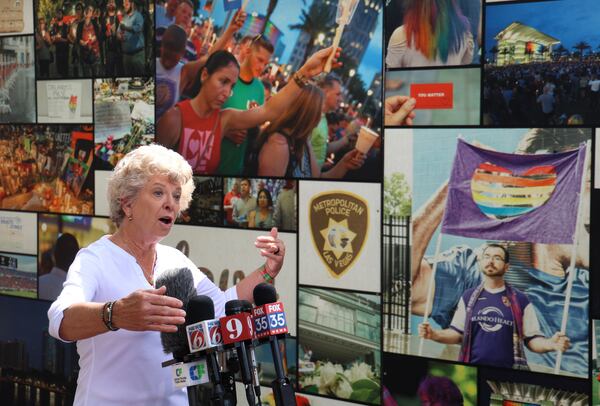 Donna Wyche, City of Orlando Outreach and Engagement Coordinator, answers questions at the Pulse nightclub in Orlando on the eve of the mass shooting's 9th anniversary, Wednesday, June 11, 2025, in Orlando, Fla. (Joe Burbank/Orlando Sentinel via AP)