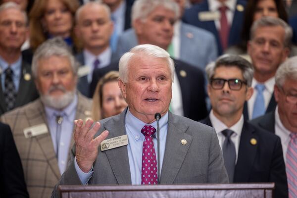 Georgia House Speaker Jon Burns holds a news conference to unveil proposed property tax relief legislation at the state Capitol in January. (Arvin Temkar/AJC)