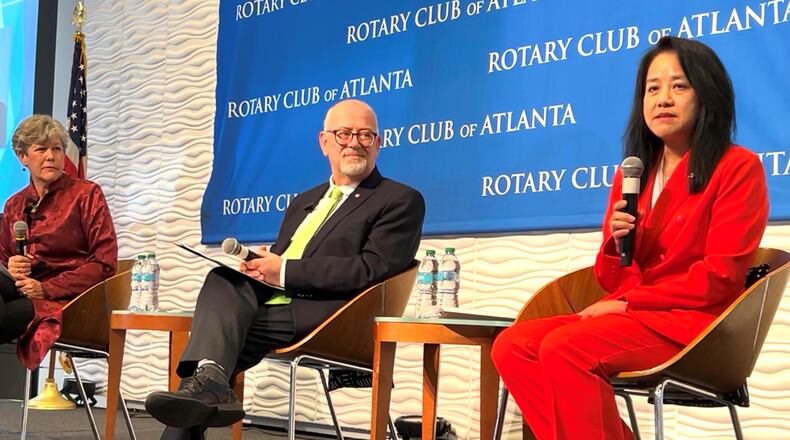 Consul General of Canada to the Southeast Rosaline Kwan, right, addresses the Rotary Club of Atlanta as Consul General of Mexico in Atlanta Javier Díaz de León, center, and moderator Martha Brooks look on Monday, March 17, 2025. The consuls general held a discussion about U.S., Canada and Mexico trade relations and recent tariffs instituted by the Trump administration with top Atlanta business and civic leaders. J. Scott Trubey/scott.trubey@ajc.com