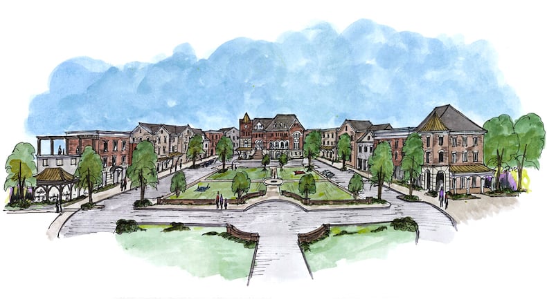 This rendering of the new Holly Springs Town Center gives a view of the Grand Lawn and the new City Hall. Developers envision the project as a new live-work-play destination for downtown Holly Springs. CONTRIBUTED