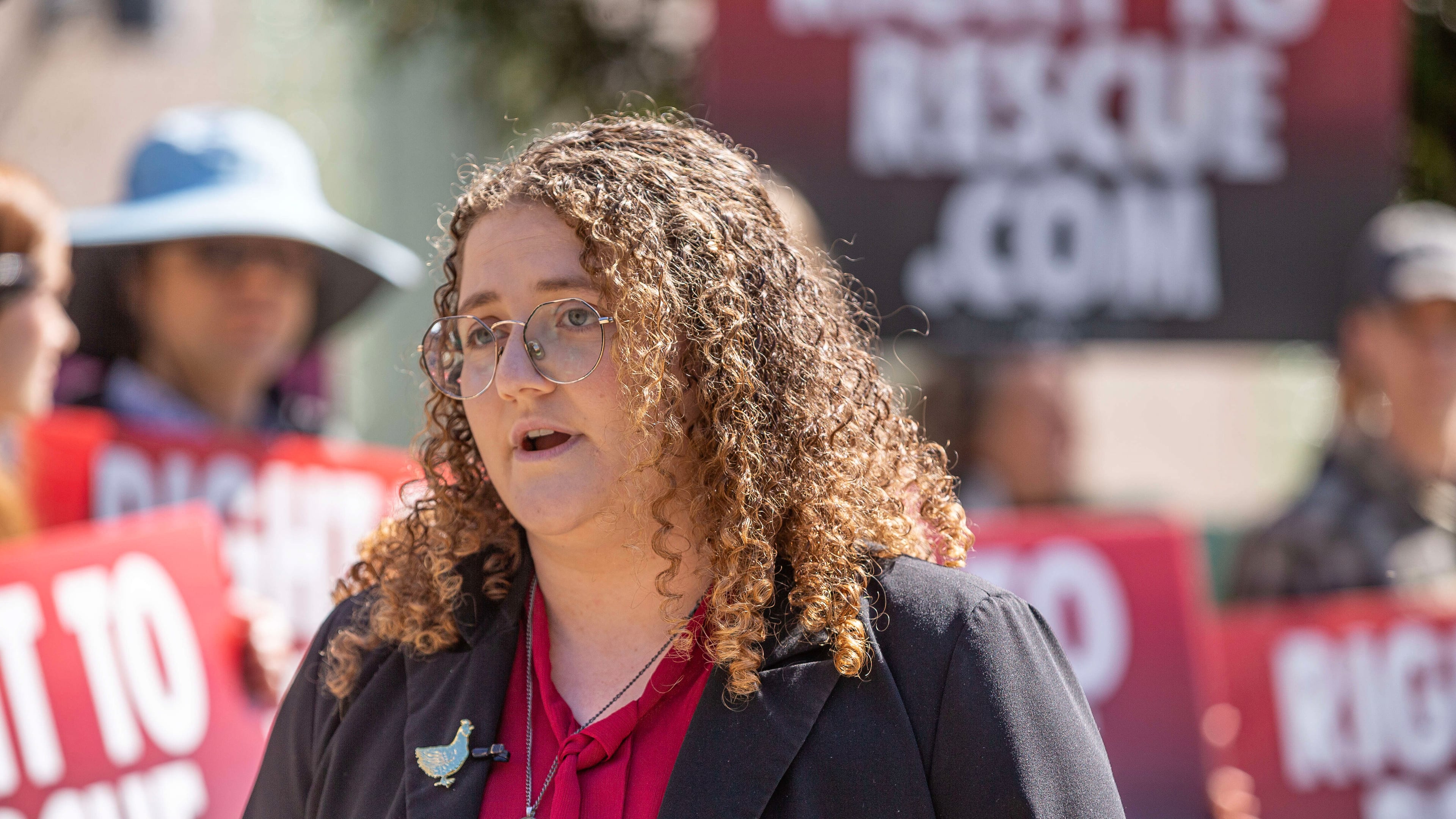 Animal rights activist Zoe Rosenberg talks to reporters outside the Sonoma County Superior Courthouse before her preliminary hearing May 3, 2024, in Santa Rosa, Calif. (Chad Surmick/The Press Democrat via AP)