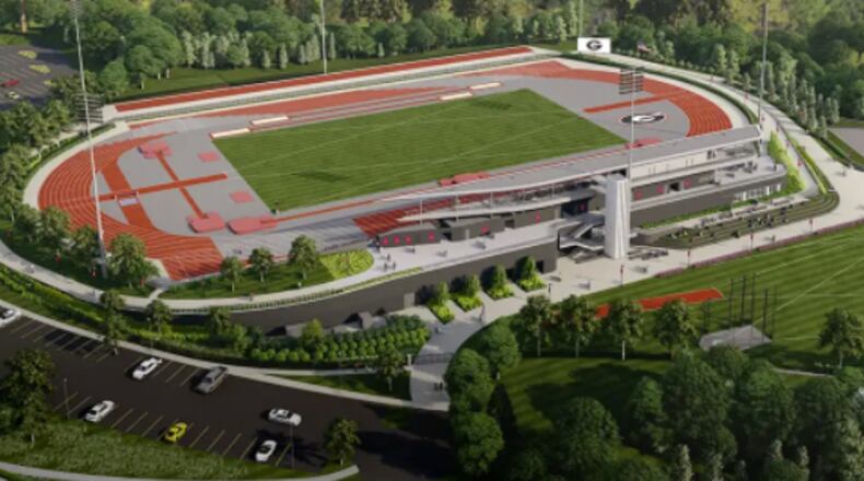 Spec Towns Track on South Milledge Avenue, which is on schedule to be completed by spring, will be the site of the 2026 GHSA state track meet. (Courtesy of the University of Georgia)