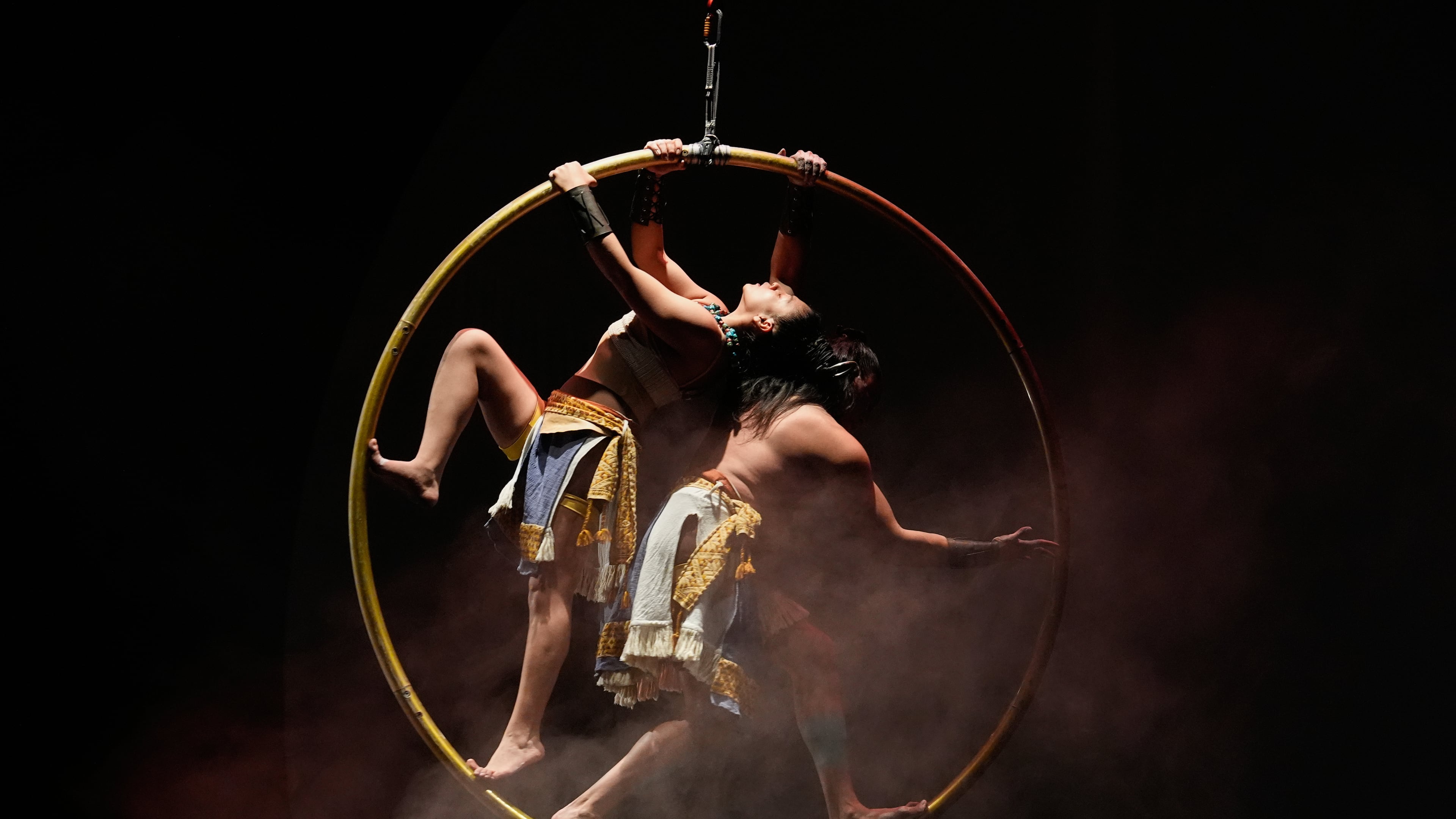 Acrobats from a Mexican theater company perform the show titled "Mortal Leap into Xibalba," which reinterprets a myth from a sacred Mayan book about creation and the journey to the underworld, in Mexico City, Saturday, Nov. 22, 2025. (AP Photo/Marco Ugarte)