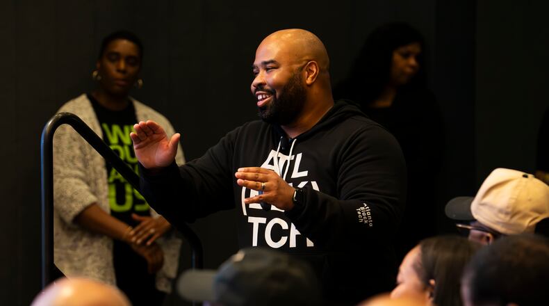 Joey Womack hosts the annual State of the Atlanta Black Tech Ecosystem on Thursday, Jan. 11, 2024. (Olivia Bowdoin for the Atlanta Journal-Constitution).