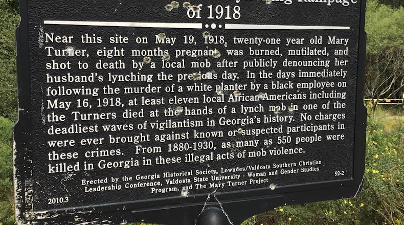 The marker recognizing the lynching of Mary Turner has long been a target of vandalism in Lowndes County, but in fall 2020, vandals tried to tear it down. Turner's family, The Mary Turner Project and the Georgia Historical Society, which erected the marker in 2010, plan to reinstall a new version of the marker at a new location. The sign details Turner's gruesome 1918 lynching, part of a mass, 7-day lynching event of nearly 12 Black people in Brooks and Lowndes counties.