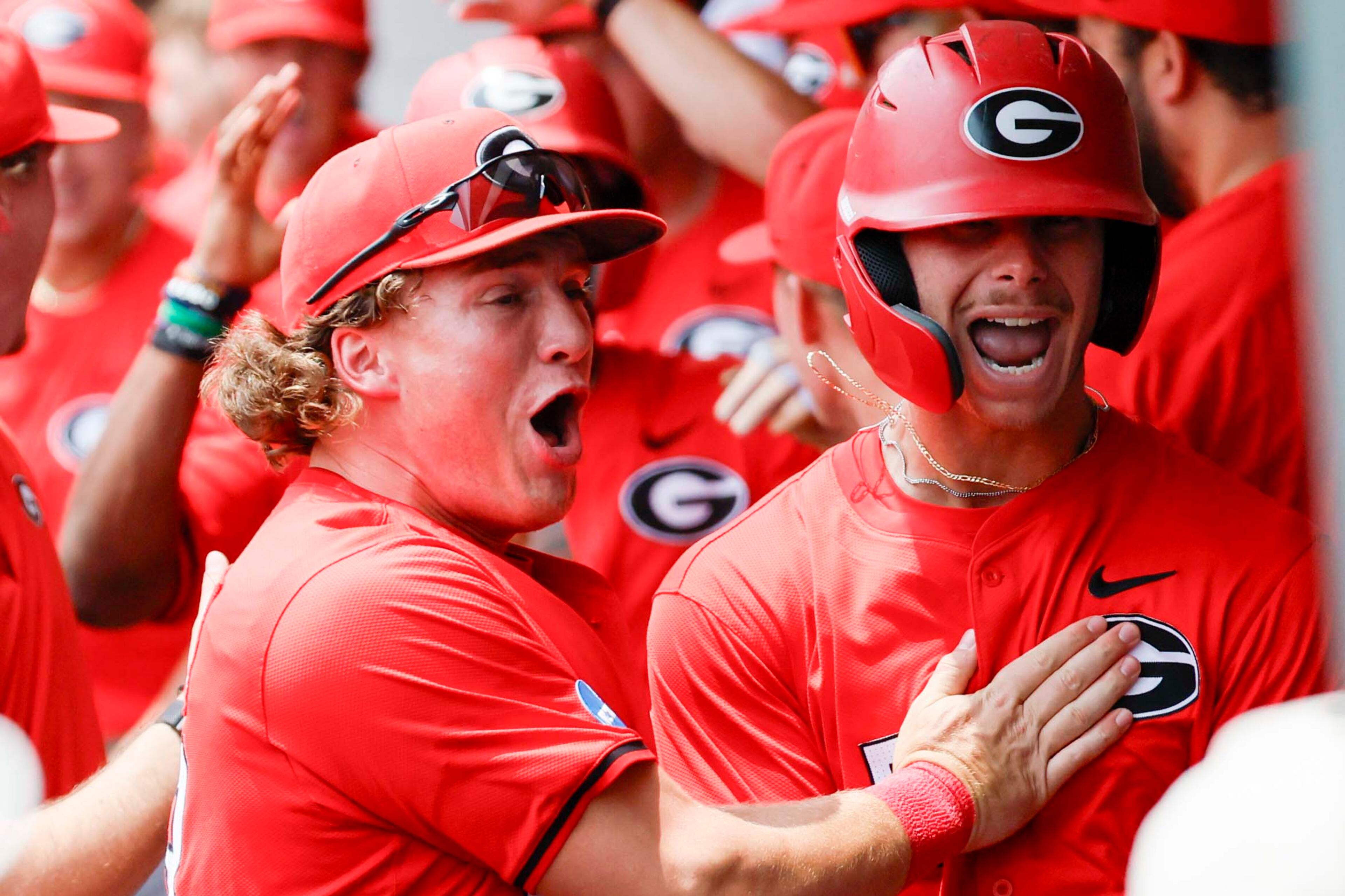 Georgia infielder Christian Adams (5), right, celebrates celebrates with teammates after hitting a two-run home run during the second inning against Oklahoma State in their NCAA Regional game at Foley Field,  Sunday, June 1, 2025, in Athens, Ga.
(Miguel Martinez/ AJC)