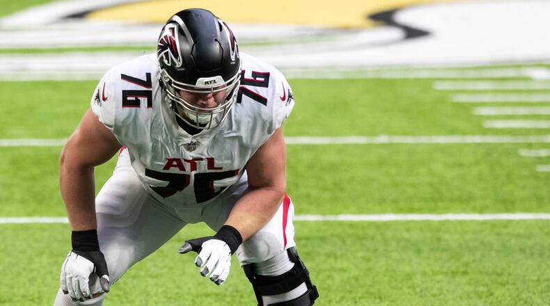 Atlanta Falcons offensive tackle Kaleb McGary (76) in action in the second quarter against the Minnesota Vikings, Sunday, Oct. 18, 2020, in Minneapolis. The Falcons defeated the Vikings 40-23. (David Berding/AP)