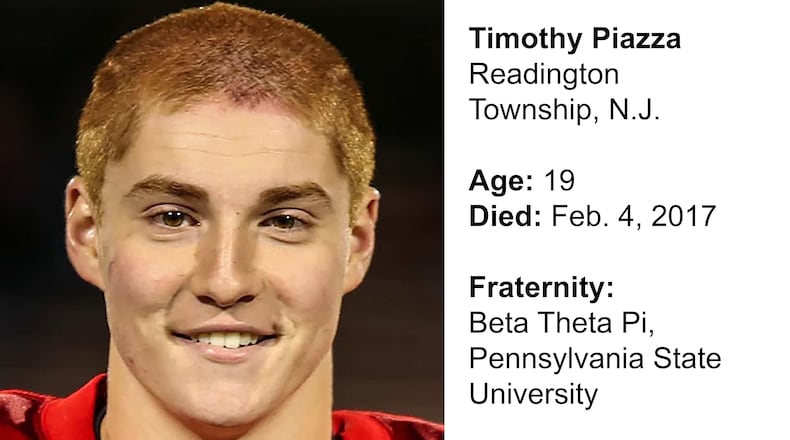 Timothy Piazza, 19, of Readington Township, N.J., died after being fed 18 alcoholic drinks in less than 90 minutes at a Penn State fraternity, stumbling and severely injuring himself.