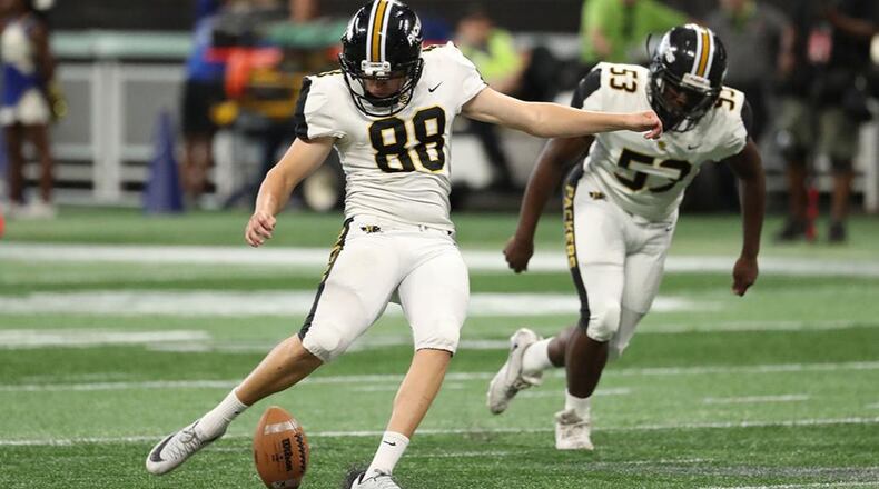Colquitt County kicker Ryan Fitzgerald (88) drives at the ball during a kickoff after a Colquitt County touchdown in the second half against McEachern during the Corky Kell Classic game Saturday, Aug. 18, 2018 at Mercedes-Benz Stadium in Atlanta.