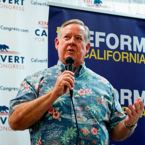 Rep. Ken Calvert, R-Calif., speaks at a "Barbeque, Beer and Ballots" event organized by Reform California on Saturday, May 9, 2026, in Corona, Calif. (AP Photo/Caroline Brehman)