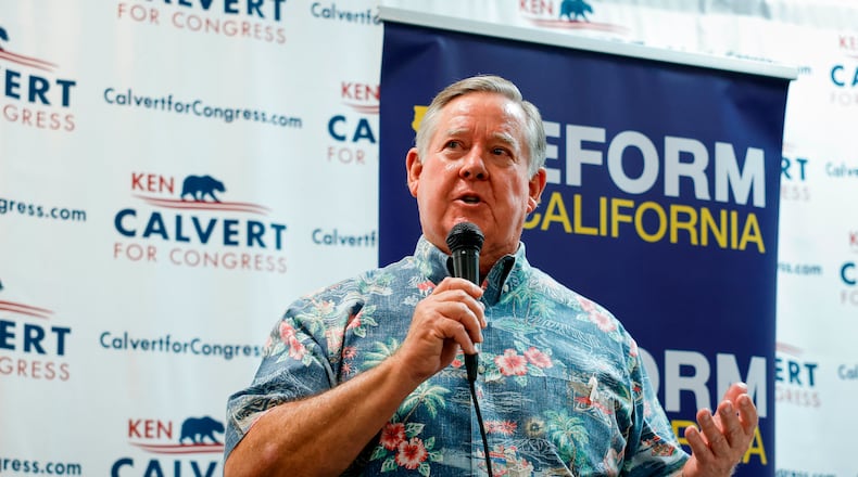 Rep. Ken Calvert, R-Calif., speaks at a "Barbeque, Beer and Ballots" event organized by Reform California on Saturday, May 9, 2026, in Corona, Calif. (AP Photo/Caroline Brehman)