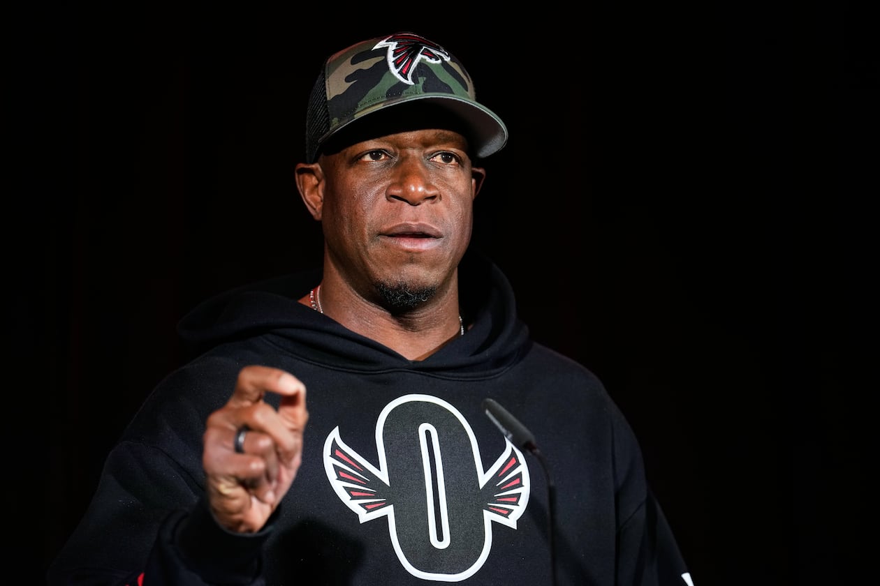 Atlanta Falcons head coach Raheem Morris speaks during an NFL football news conference in Berlin, Germany, Friday, Nov. 7, 2025. The Falcons will play the Colts Sunday at Olympic Stadium. (Ebrahim Noroozi/AP)
