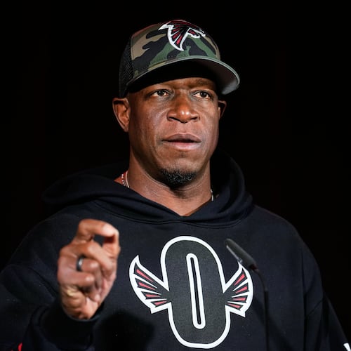 Atlanta Falcons head coach Raheem Morris speaks during an NFL football news conference in Berlin, Germany, Friday, Nov. 7, 2025. (AP Photo/Ebrahim Noroozi)