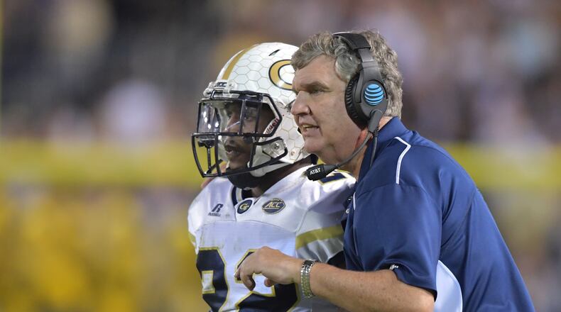October 21, 2017 Atlanta - Georgia Tech head coach Paul Johnson instructs Georgia Tech running back Clinton Lynch (22) in the second half of an NCAA college football game at Bobby Dodd Stadium on Saturday, October 21, 2017. Georgia Tech beat Wake Forest 38-24. HYOSUB SHIN / HSHIN@AJC.COM