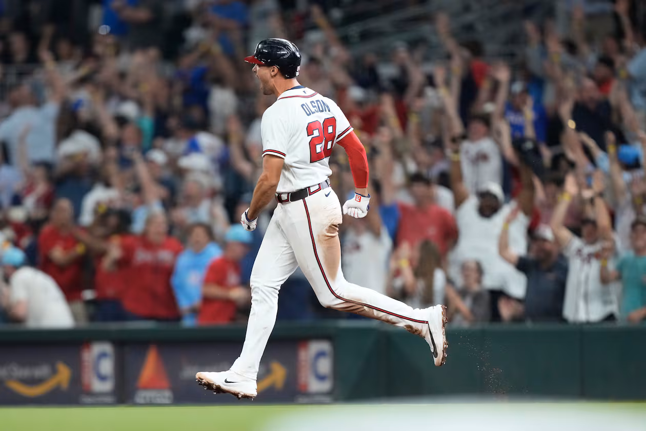 Braves first baseman Matt Olson celebrates hitting a walk-off two-run home run in the ninth inning against the Tigers on April 29, 2026, in Atlanta. (Brynn Anderson/AP)