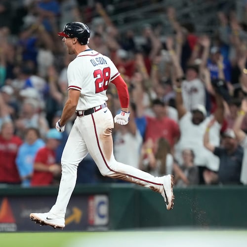 Braves first baseman Matt Olson celebrates hitting a walk-off two-run home run in the ninth inning against the Tigers on April 29, 2026, in Atlanta. (Brynn Anderson/AP)