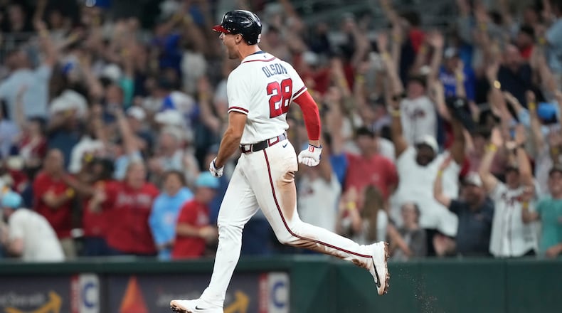 Braves first baseman Matt Olson celebrates hitting a walk-off two-run home run in the ninth inning against the Tigers on April 29, 2026, in Atlanta. (Brynn Anderson/AP)