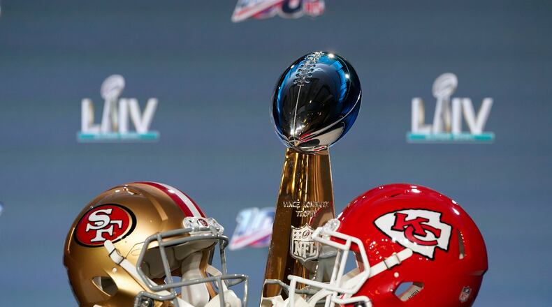 The Vince Lombardi Trophy is displayed before a news conference for the NFL Super Bowl 54 football game Wednesday, Jan. 29, 2020, in Miami. (AP Photo/David J. Phillip)