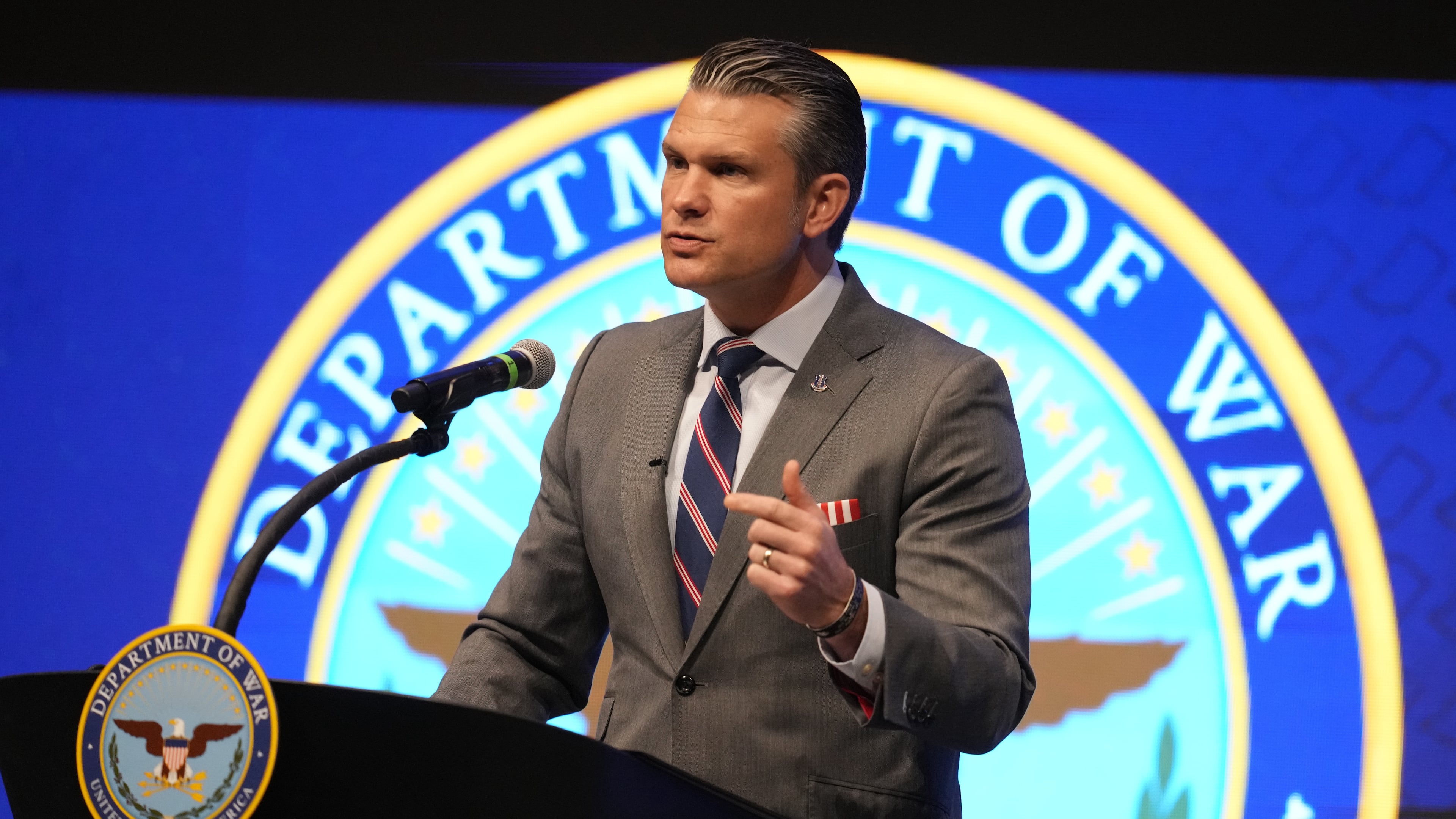 Defense Secretary Pete Hegseth speaks during the 4th annual Northeast Indiana Defense Summit at Purdue University Fort Wayne, Wednesday, Nov. 12, 2025, in Fort Wayne, Ind. (AP Photo/Darron Cummings)