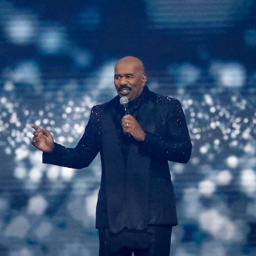 FILE - Host Steve Harvey speaks during the 70th Miss Universe pageant, Dec. 13, 2021, in Eilat, Israel. (AP Photo/Ariel Schalit, File)
