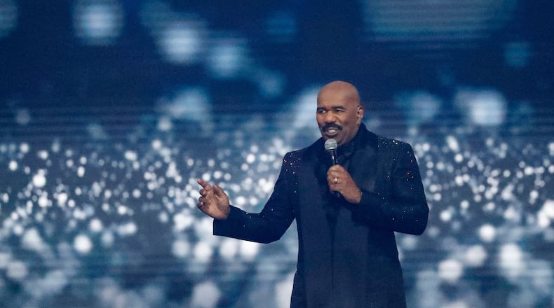 FILE - Host Steve Harvey speaks during the 70th Miss Universe pageant, Dec. 13, 2021, in Eilat, Israel. (AP Photo/Ariel Schalit, File)
