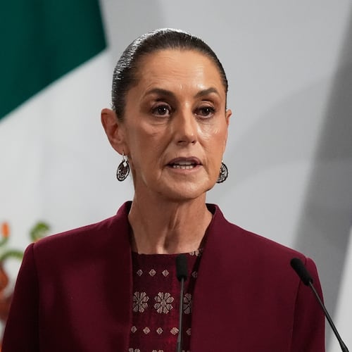FILE - Mexican President Claudia Sheinbaum speaks at the National Palace in Mexico City, Nov. 7, 2025. (AP Photo/Marco Ugarte, File)