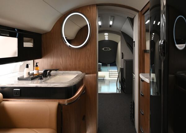 The interior of Gulfstream’s G700 aircraft at Gulfstream Aerospace Corporation’s showroom. (Hyosub Shin/AJC)