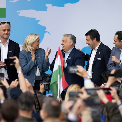 Hungarian Prime Minister Viktor Orbán, third from left, stands with, from left; Geert Wilders of the Netherlands, France's Marine Le Pen, Italy's Matteo Salvini, Belgium's Tom Van Grieken and Latvia's Ainārs Šlesers during an assembly of European far-right parties with Orbán’s Patriots for Europe group, in Budapest, Hungary, Monday, March 23, 2026. (AP Photo/Denes Erdos)