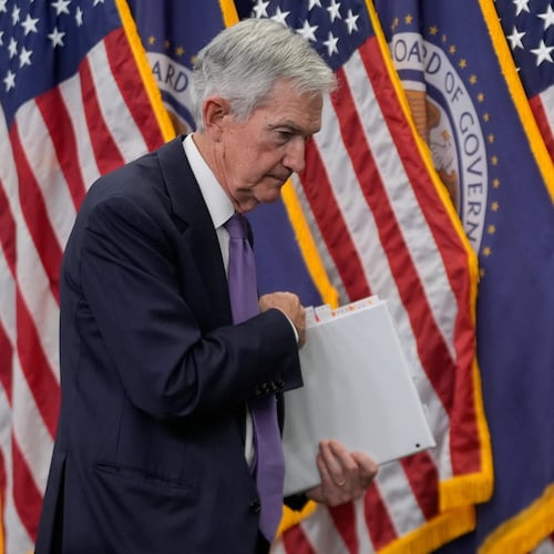 Federal Reserve Chairman Jerome Powell departs after a news conference after the Federal Open Market Committee meeting Wednesday, Oct. 29, 2025, at the Federal Reserve Board Building in Washington. (AP Photo/Manuel Balce Ceneta)